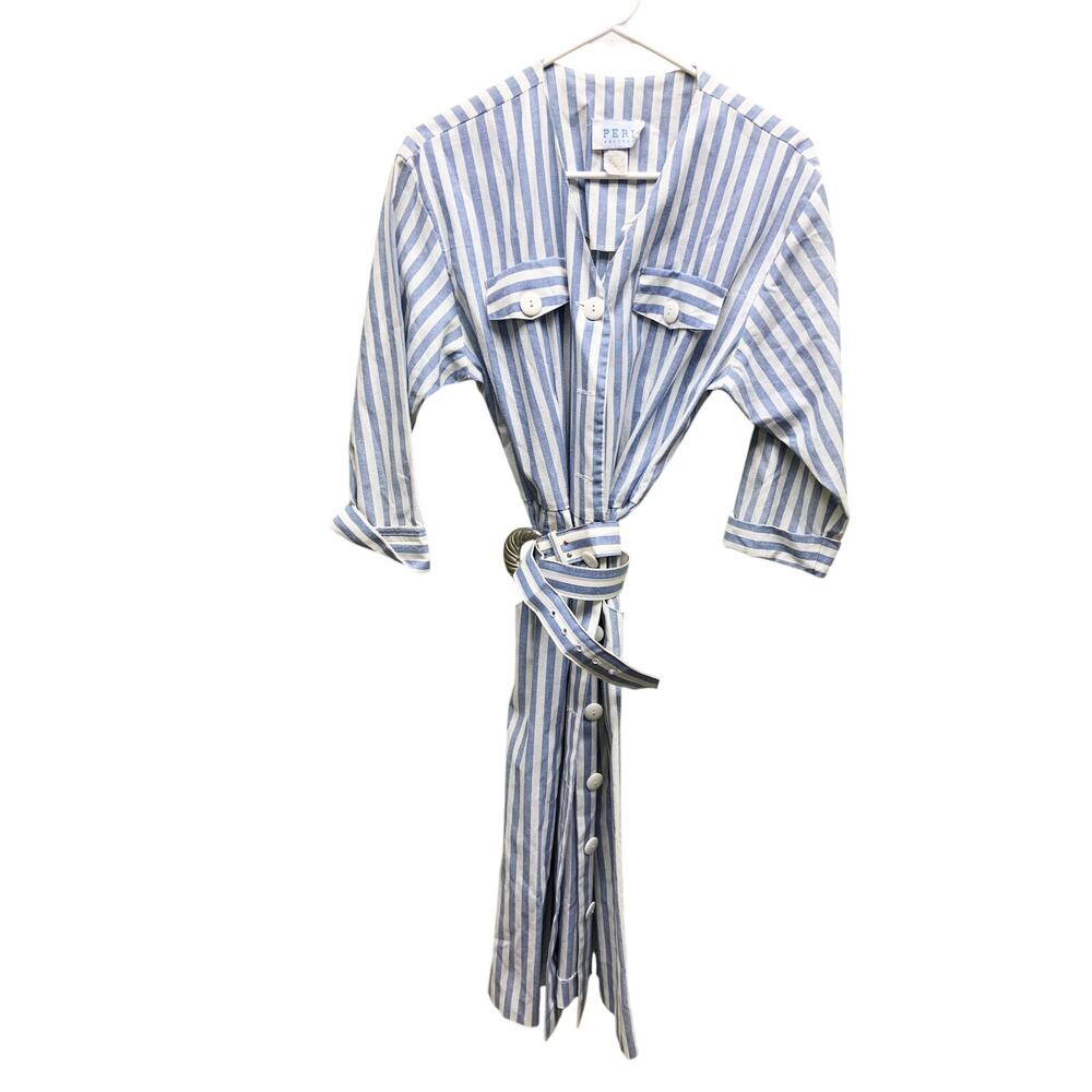 Vintage Peri Petites Blue Striped Cotton Blend Shirt Dress Size 10